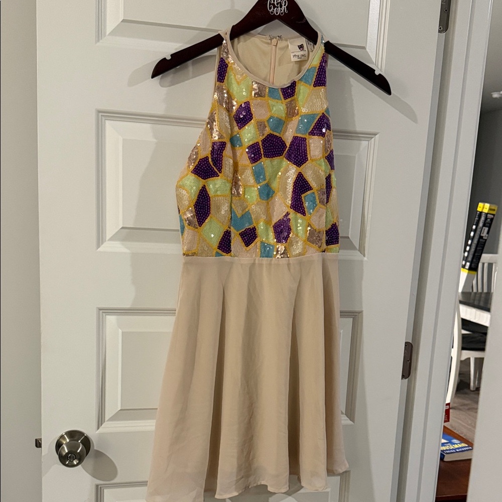 Pink Owl Colorful Geometric Sequin A line Dress Juniors large